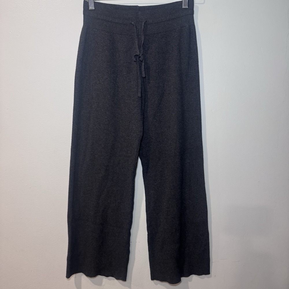 Uniqlo Womens Large Washable Ribbed Knit High Waist Wide Leg Pants Dark Gray